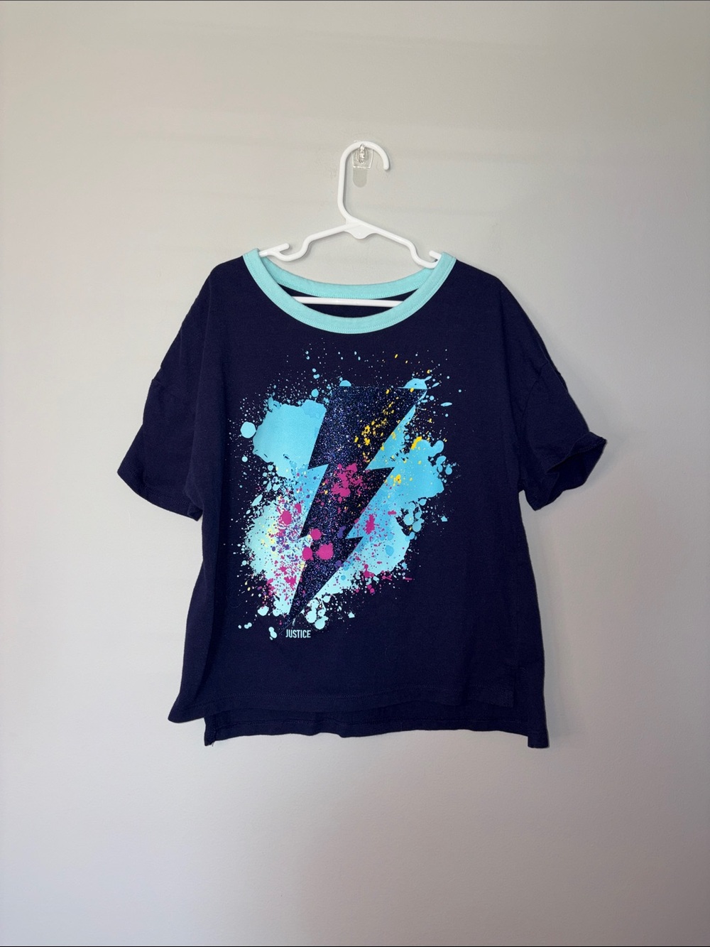Justice Navy Tee with Aqua Lightning and Neon Splash Youth M